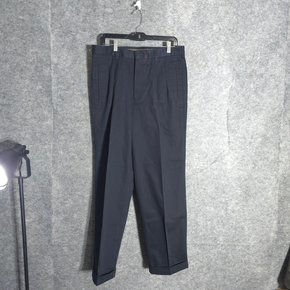 Savane Pleated Dress Pants Mens 34x30 Navy Wrinkle Free Cuffed Deep Dye Cotton